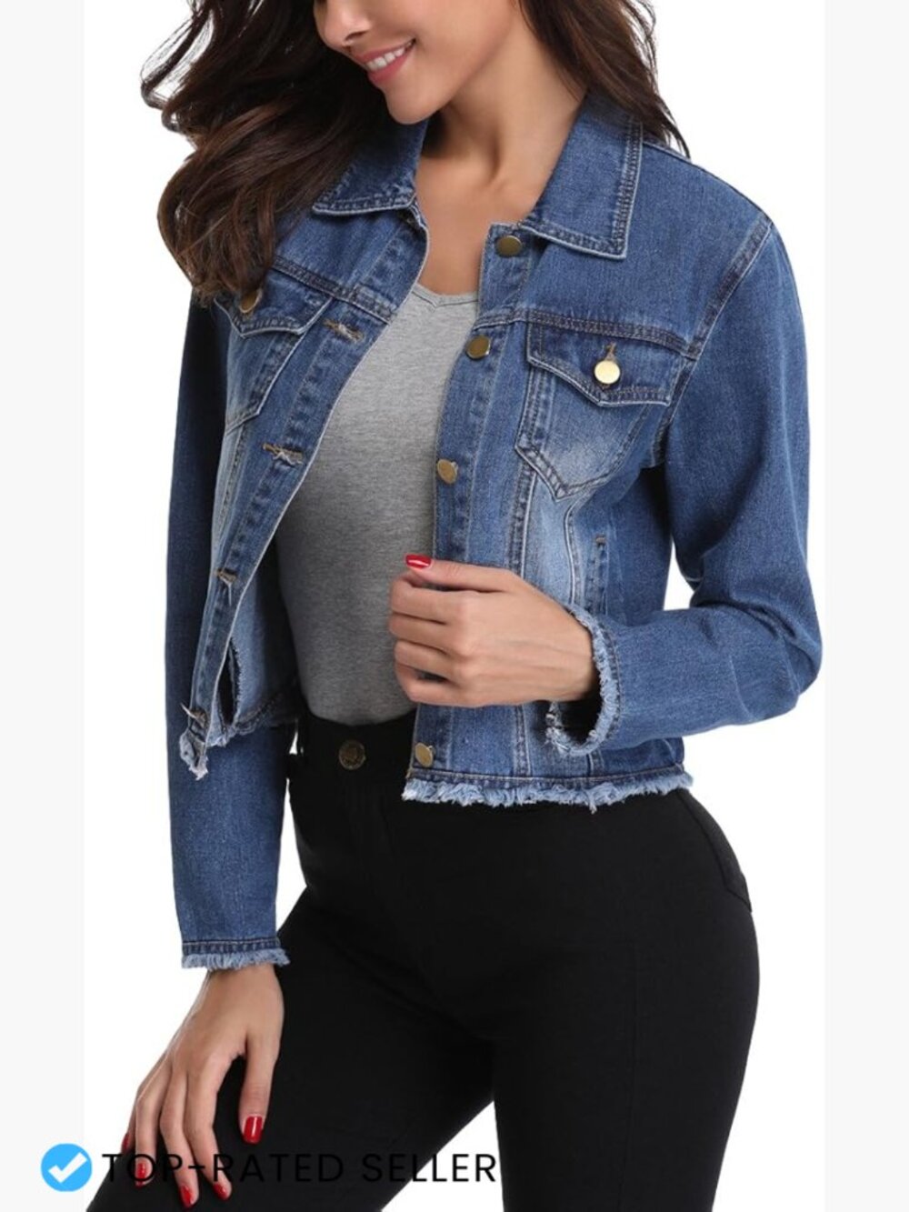 Frayed Washed Cropped Denim Jacket with Pockets Classic Western Style